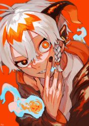 Rule 34 | 1boy, black eyes, black nails, blue pupils, braid, ear ornament, grin, hand on own cheek, hand on own chin, hand on own face, highres, hitodama, horns, looking at viewer, male focus, mismatched pupils, mismatched sclera, nail polish, orange background, orange eyes, orange hair, orange pupils, original, pointy ears, sharp teeth, shinagire (sinanohaka), short hair, sleeveless, sleeveless sweater, smile, solo, sweater, teeth, turtleneck, turtleneck sweater, upper body, white hair, white sweater