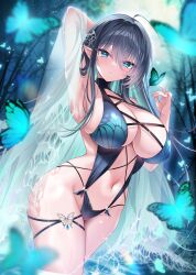 Rule 34 | 1girl, akatsuki (aktk511), aqua eyes, aqua hair, arm up, armpits, black hair, black slingshot swimsuit, blurry, blurry background, breasts, bug, butterfly, butterfly hair ornament, cleavage, commentary request, depth of field, elf, gradient hair, hair between eyes, hair ornament, highres, insect, large breasts, looking at viewer, multicolored hair, navel, night, night sky, original, parted lips, pointy ears, skindentation, sky, standing, star (sky), stomach, swimsuit, thighs, tree, two-tone hair, veil