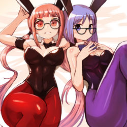 Rule 34 | 2girls, animal ears, armband, bare arms, bare shoulders, black leotard, blush, breasts, fake animal ears, feet out of frame, glasses, leotard, long hair, looking at viewer, low twintails, lying, medium breasts, multiple girls, on back, original, pantyhose, parted lips, playboy bunny, purple legwear, rabbit ears, red eyes, red legwear, short hair, smile, sookmo, twintails, very long hair