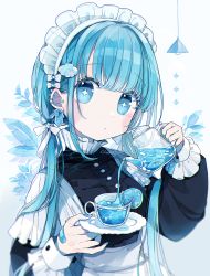 Rule 34 | + +, 1girl, absurdres, apron, bandaid, bandaid on hand, black dress, blue eyes, blue hair, blue theme, blush stickers, bow, chon (chon33v), closed mouth, commentary request, cup, dress, ear piercing, grey background, hair bow, highres, holding, holding saucer, holding teapot, long hair, long sleeves, looking at viewer, low twintails, maid, maid headdress, original, piercing, pouring, puffy long sleeves, puffy sleeves, saucer, see-through, shell hair ornament, solo, teacup, teapot, transparent, twintails, upper body, very long hair, white apron, white bow