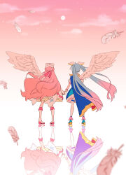 Rule 34 | 2girls, absurdres, blue cape, blue hair, cape, cure prism, cure sky, detached sleeves, earrings, feathered wings, fingerless gloves, from behind, gloves, highres, hirogaru sky! precure, holding hands, jewelry, long hair, magical girl, multicolored hair, multiple girls, nijigaoka mashiro, pink hair, precure, ps mssr, puffy detached sleeves, puffy sleeves, sora harewataru, twintails, two-sided cape, two-sided fabric, white gloves, wing hair ornament, wings