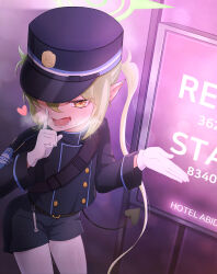 Rule 34 | 1girl, absurdres, blue archive, blush, conductor, gloves, green hair, green halo, halo, hat, heart, nozomi (blue archive), highres, hotel, leaning forward, long hair, looking at viewer, one eye covered, open mouth, pantyhose, pointy ears, shirt, shorts, sign, sleepnya, smile, solo, standing, tail, tongue, white gloves, white pantyhose, yellow eyes