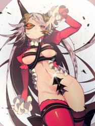 Rule 34 | 1girl, aldra (queen&#039;s blade), aldra (queen's blade), belt, belt bra, blush, breasts, codpiece, debris, eyepatch, facial mark, forehead mark, frills, from below, goemon (kawagoe), highres, horns, lace, lace-trimmed legwear, lace trim, long hair, long sleeves, navel, open clothes, open shirt, puffy long sleeves, puffy sleeves, queen&#039;s blade, queen aldra, red eyes, red thighhighs, revealing clothes, shirt, silver hair, solo, thighhighs