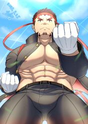 Rule 34 | 1boy, abs, absurdres, akashi (live a hero), alternate costume, bara, bare pectorals, belt, bulge, clenched hands, cowboy shot, crotch, dated, facial hair, foreshortening, from below, gakuran, gloves, gluteal fold, goatee, headband, highres, large pectorals, live a hero, long sideburns, looking ahead, male focus, muscular, muscular male, nipples, obliques, pants, pectorals, red eyes, red hair, red headband, sabita kan, scar, scar on face, scar on nose, school uniform, short hair, shredded muscles, sideburns, solo, thick eyebrows
