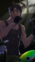 Rule 34 | 1boy, absurdres, aragami oga, backlighting, black gloves, black hair, black tank top, blurry, blush, clothes around waist, dark-skinned male, dark skin, depth of field, dog tags, earrings, gloves, green eyes, hammer, highres, holding, holding hammer, holostars, horns, jewelry, looking at viewer, male focus, omaesan (aragami oga), open mouth, plant, sasago335, short hair, single horn, solo, sweat, tank top, toned, toned male, torch, upper body, virtual youtuber, window, wiping sweat