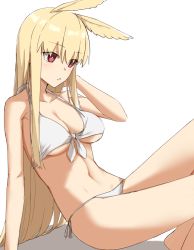Rule 34 | 1girl, bare shoulders, bikini, blonde hair, blush, breasts, cleavage, collarbone, elfenlied22, fate/grand order, fate (series), halterneck, head wings, highres, knees up, large breasts, long hair, navel, red eyes, simple background, sitting, string bikini, swimsuit, thighs, thrud (fate), valkyrie (fate), white background, white bikini, wings