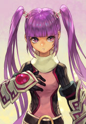 Rule 34 | 1girl, breasts, gloves, hungry clicker, long hair, looking at viewer, open mouth, purple eyes, purple hair, simple background, solo, sophie (tales), tales of (series), tales of graces, twintails