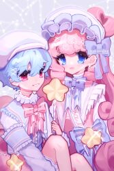 Rule 34 | 1boy, 1girl, blue eyes, blue hair, bow, brother and sister, commentary, earrings, english commentary, frills, hat, highres, holding, holding wand, jewelry, kiki (little twin stars), lala (little twin stars), little twin stars, lolita fashion, long hair, looking at viewer, pink eyes, pink hair, rinihimme, sanrio, short hair, siblings, smile, star (symbol), sweet lolita, twins, wand, watermark, yume kawaii