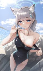 Rule 34 | 1girl, animal ear fluff, bag, blue archive, breasts, clothes pull, duffel bag, highres, medium breasts, nipple slip, nipples, one-piece swimsuit, one-piece swimsuit pull, shiroko (blue archive), shiroko (swimsuit) (blue archive), silver hair, solo, standing, swimsuit, take (trude1945oneetyan)