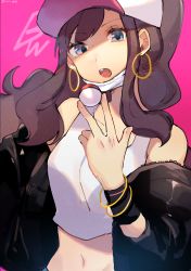 Rule 34 | 1girl, :o, bad id, bad pixiv id, bare shoulders, baseball cap, blue eyes, bracelet, brown hair, creatures (company), crop top, earrings, game freak, hat, highres, hilda (pokemon), holding, holding poke ball, hoop earrings, jewelry, long hair, looking at viewer, navel, nintendo, off shoulder, open mouth, pink background, poke ball, poke ball (basic), pokemon, pokemon bw, ponytail, ririmon, shirt, solo, tank top, teeth, twitter username, white hat, white shirt, wristband