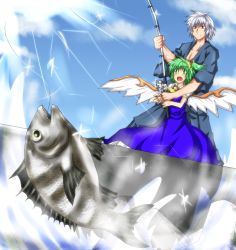 Rule 34 | 00s, 1boy, 1girl, bow, buront, cloud, crossover, daiyousei, day, dress, elf, elvaan, final fantasy, final fantasy xi, fish, fishing, fishing rod, green eyes, green hair, hair bow, hair ribbon, holding, holding fishing rod, japanese clothes, nonopomu, open mouth, outdoors, pointy ears, red eyes, ribbon, short hair, side ponytail, silver hair, sky, smile, the iron of yin and yang, touhou, water, wings