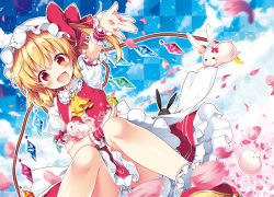 Rule 34 | &gt; &lt;, 1girl, = =, ascot, blonde hair, blush, bobby socks, closed eyes, flandre scarlet, frilled skirt, frills, hat, hat ribbon, looking at viewer, mob cap, open mouth, petals, puffy short sleeves, puffy sleeves, rabbit, red eyes, red footwear, red skirt, ribbon, riichu, shoes, short sleeves, sitting, skirt, smile, socks, solo, touhou, white socks, wings, wrist cuffs