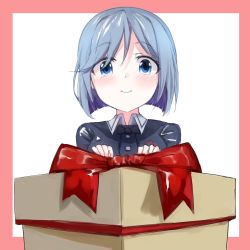 Rule 34 | 1girl, black jacket, blue eyes, blue hair, blush, bob cut, box, closed mouth, copyright request, gift, highres, jacket, looking at viewer, megame (okbnkn), smile, solo, wing collar