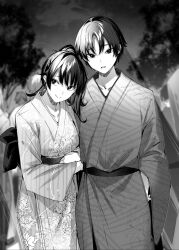 Rule 34 | 1boy, 1girl, arm hug, blurry, breasts, closed mouth, collarbone, commentary request, depth of field, floral print, floral print kimono, greyscale, head tilt, highres, hitotsuba kaede, japanese clothes, kakao (chocolate land), kimono, long hair, looking at viewer, looking to the side, medium breasts, monochrome, multiple others, novel illustration, official art, parted lips, ponytail, ryoushin no shakkin, second-party source, short hair, sideways glance, sky, smile, tree, yoshizumi yuya