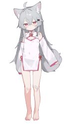 Rule 34 | 1girl, absurdres, ahoge, animal ears, bandaid, bandaid on knee, bandaid on leg, bare shoulders, barefoot, blush, china dress, chinese clothes, detached sleeves, dress, expressionless, fenrir (fenriluuu), flat chest, full body, grey hair, highres, long hair, looking at viewer, original, pink eyes, rir-chan, simple background, solo, tail, white background, white dress, wolf ears, wolf girl, wolf tail