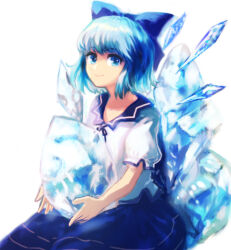 Rule 34 | 1girl, blue bow, blue eyes, blue hair, blue ribbon, blue skirt, bow, cirno, closed mouth, collared shirt, commentary request, feet out of frame, flat chest, hair bow, ice, ice wings, looking at viewer, medium bangs, mogukk, neck ribbon, ribbon, shirt, short hair, simple background, skirt, smile, solo, touhou, white background, white shirt, wings