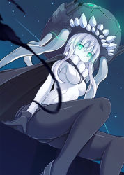 Rule 34 | 10s, 1girl, abyssal ship, blue eyes, bodysuit, breasts, cape, from below, gloves, glowing, glowing eyes, hat, highres, kantai collection, long hair, looking down, monster, night, okome (minagisama), pale skin, personification, short hair, silver hair, sitting, solo, wo-class aircraft carrier