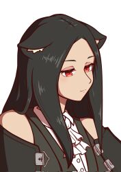 Rule 34 | 1other, ascot, bare shoulders, black hair, buttons, cat, guilty gear, guilty gear strive, highres, long hair, other focus, red eyes, solo, straight hair, testament (guilty gear), white ascot