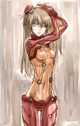 Rule 34 | 00s, 1girl, adjusting hair, arms up, bad id, bad pixiv id, blue eyes, bodysuit, brown hair, curvy, evangelion: 2.0 you can (not) advance, lips, long hair, multicolored clothes, neon genesis evangelion, one eye closed, plugsuit, rebuild of evangelion, red bodysuit, roncele, see-through, see-through bodysuit, shiny clothes, solo, souryuu asuka langley, test plugsuit, very long hair, wide hips