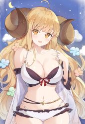 Rule 34 | 1girl, ahoge, anila (granblue fantasy), anila (summer) (granblue fantasy), bikini, blonde hair, blunt bangs, blush, breasts, cloud, collarbone, crescent, draph, granblue fantasy, highres, horns, kagami (kgmgts), large breasts, long hair, looking at viewer, navel, night, night sky, open mouth, sheep horns, sky, smile, solo, star (sky), starry sky, swimsuit, teeth, thick eyebrows, upper teeth only, white bikini, yellow eyes