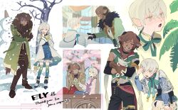 Rule 34 | 2boys, animal ears, bent over, black gloves, brown eyes, brown gloves, brown hair, cherry blossoms, coat, cold, commentary, commissioner name, crossed arms, curled horns, dark-skinned male, dark skin, earrings, english commentary, english text, gloves, green coat, green eyes, grin, hand grab, highres, horns, hot, jewelry, light rays, male focus, miyage no nukegara, multiple boys, open mouth, original, palm tree, pointy ears, second-party source, single horn, smile, snowman, stud earrings, sweat, tail, tongue, tongue out, tree, trembling, wagon, white hair, wolf boy, wolf ears, wolf tail