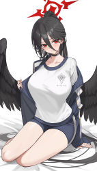 Rule 34 | 1girl, black choker, black hair, blue archive, blue jacket, blush, breasts, choker, closed mouth, collarbone, hair between eyes, halo, hasumi (blue archive), hasumi (track) (blue archive), highres, jacket, large breasts, long hair, long sleeves, looking at viewer, low wings, open clothes, open jacket, ponytail, red eyes, rikui (rella2930), shirt, sitting, smile, thighs, white background, white shirt, wings