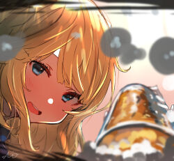 Rule 34 | 1girl, alcohol, beer, blonde hair, blue eyes, blurry, blurry foreground, blush, cup, drinking, drunk, foam, gloves, highres, holding, holding cup, kantai collection, looking at viewer, open mouth, portrait, pov, ranger (kancolle), signature, solo, sunday aki, white gloves