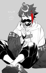 Rule 34 | 1boy, 6tnut9, ahoge, artist name, collar, commentary request, crossed legs, grey background, holding, hooded shirt, jacket, long sleeves, looking at viewer, male focus, mustache print, nijisanji, pants, red hair, saegusa akina, shirt, shoes, short hair, sitting, solo, spot color, virtual youtuber