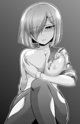 Rule 34 | 10s, 1girl, blush, breasts, greyscale, hair ornament, hair over one eye, hamakaze (kancolle), highres, kanno takanori, kantai collection, large breasts, monochrome, pantyhose, personification, short hair, solo, torn clothes, torn pantyhose