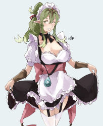 Rule 34 | 1girl, absurdres, alternate costume, apron, black dress, blue background, blush, breasts, cleavage, clothes lift, collarbone, dragonstone, dress, dress lift, enmaided, fire emblem, fire emblem awakening, garter straps, green eyes, green hair, highres, large breasts, long hair, looking at viewer, maid, maid apron, maid headdress, nintendo, one eye closed, pointy ears, ponytail, sakuremi, simple background, smile, solo, tiki (adult) (fire emblem), tiki (fire emblem)