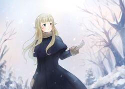 Rule 34 | 1girl, black dress, blonde hair, blue eyes, cold, commentary, commentary request, dress, dutch angle, english commentary, floating hair, gloves, highres, long hair, long sleeves, looking afar, partial commentary, princess (princess principal), princess principal, signature, sky, snow, snowflakes, snowing, solo, tree, white gloves, white sky, xin (blueramen)