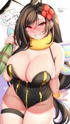 Rule 34 | 1girl, anisdrawn, bee costume, bee wings, black leotard, blush, bottle, breasts, curvy, drunk, earrings, english text, final fantasy, final fantasy vii, final fantasy vii remake, flower, grin, groin, hair flower, hair ornament, hiccup, highres, holding, holding bottle, insect wings, jewelry, large breasts, leotard, long hair, red eyes, red flower, sitting, smile, solo, speech bubble, thigh strap, tifa lockhart, very long hair, wings