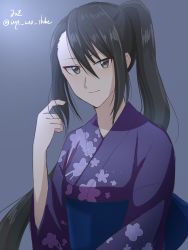 Rule 34 | 1girl, absurdly long hair, alternate costume, artist name, black hair, blue kimono, brown eyes, commentary request, dated, floral print, highres, japanese clothes, kantai collection, kimono, long hair, nachi (kancolle), one-hour drawing challenge, side ponytail, solo, very long hair, wiwo, yukata