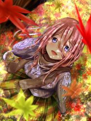 Rule 34 | 1girl, :d, absurdres, aran sweater, autumn leaves, blue eyes, blue sweater, breasts, brown hair, brown scarf, brown skirt, cable knit, commentary request, falling leaves, from above, go-toubun no hanayome, green skirt, highres, large breasts, leaf, long hair, long hair between eyes, long sleeves, looking at viewer, maple leaf, nakano miku, open mouth, outdoors, parutaru (partal), scarf, skirt, smile, solo, sweater, two-tone skirt