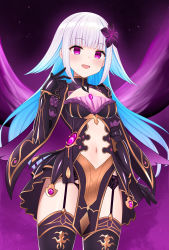 Rule 34 | 1girl, arm at side, blue hair, breasts, clothing cutout, colored inner hair, corruption, cowboy shot, dark persona, dress, garter belt, hand up, highres, light blush, lize helesta, long hair, looking at viewer, multicolored hair, navel, navel cutout, nijisanji, open mouth, paid reward available, pelvic curtain, purple eyes, small breasts, solo, thighhighs, two-tone hair, virtual youtuber, white hair, yukamikayu