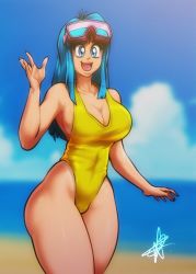 Rule 34 | 1girl, artist request, bare shoulders, beach, blue eyes, blue hair, blue sky, bouncing breasts, breasts, casual one-piece swimsuit, cleavage, curvy, derivative work, diving mask, diving mask on head, dragon ball, dragonball z, goggles, goggles on head, highleg, highleg swimsuit, highres, long hair, looking at viewer, maron (dragon ball), maron redraw challenge (meme), meme, meme attire, one-piece swimsuit, salute, screenshot redraw, shiny skin, sky, smile, swimsuit, water, wide hips, yellow one-piece swimsuit