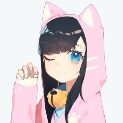 Rule 34 | 1girl, animal ears, bell, black hair, blue eyes, blue nails, blue shirt, closed mouth, fake animal ears, fingernails, grey background, hand up, hood, hood up, hoodie, jingle bell, long hair, looking at viewer, mizumi zumi, nail polish, neck bell, one eye closed, original, paw print, pink hoodie, pink nails, print hoodie, shirt, simple background, sleeves past wrists, smile, solo