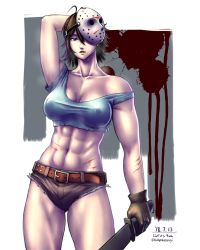 Rule 34 | 1girl, abs, arm up, belt, borrowed design, breasts, brown gloves, cleavage, collarbone, crop top, cutoffs, covered erect nipples, friday the 13th, genderswap, genderswap (mtf), gloves, highres, hockey mask, holding, holding weapon, jason voorhees, large breasts, machete, mask, mask on head, mask over one eye, muscular, muscular female, navel, no bra, off shoulder, scratches, short hair, solo, stomach, sweat, taikyokuturugi, taut clothes, thighs, weapon