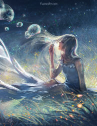 Rule 34 | 1girl, bare shoulders, bubble, blowing bubbles, closed eyes, commentary, dawn, dress, english commentary, grass, highres, lips, long hair, original, outdoors, sitting, snowflake print, solo, third-party source, white dress, wind, yuumei