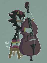 Rule 34 | 1boy, animal ears, animal nose, closed mouth, commentary, double bass, english commentary, full body, furry, furry male, gloves, grey background, highres, holding, holding instrument, instrument, lemonlumens, male focus, music, on stool, outline, playing instrument, red eyes, shadow the hedgehog, shoes, simple background, solo, sonic (series), standing, stool, tail, white gloves, white outline, wooden stool