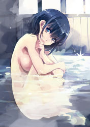 Rule 34 | 1girl, bathing, blue hair, breasts, brown eyes, commentary request, completely nude, crossed arms, hand on own chin, large breasts, looking at viewer, matsumoto noriyuki, nude, onsen, original, partially submerged, short hair, sitting, smile, solo, water