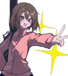 Rule 34 | 1girl, :d, absurdres, blush, bocchi the rock!, brown eyes, brown hair, cosplay, gotoh hitori, gotoh hitori (cosplay), hair ornament, hairclip, hand on own hip, highres, hirasawa yui, instrument case, jacket, k-on!, long sleeves, mentally deficient, open mouth, pink jacket, short hair, simple background, smile, solo, sparkle, teeth, track jacket, upper teeth only, white background, zipper