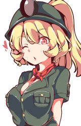 Rule 34 | 1girl, blonde hair, blush stickers, breasts, cleavage, gokuu (acoloredpencil), goombella, heart, highres, looking at viewer, mario (series), medium breasts, mining helmet, nintendo, one eye closed, open mouth, paper mario, paper mario: the thousand year door, personification, ponytail, red eyes, shirt, short hair, short sleeves, simple background, slit pupils, solo, upper body, white background