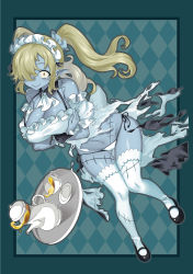 Rule 34 | 1girl, absurdres, apron, bare shoulders, blonde hair, blue skin, breasts, cleavage, colored skin, crossed arms, cup, detached collar, disgaea, gluteal fold, hair ornament, hair over one eye, hair scrunchie, highres, kikimi, large breasts, long hair, looking at viewer, maid (disgaea), maid headdress, makai senki disgaea 5, mary janes, panties, pointy ears, scrunchie, shoes, side-tie panties, smile, solo, stitches, teacup, teapot, thigh gap, thighhighs, torn clothes, tray, twintails, underwear, white panties, white thighhighs, wrist cuffs, zombie