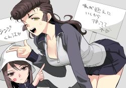 Rule 34 | 2girls, absurdres, anger vein, blue jacket, blue skirt, breasts, brown eyes, brown hair, cleavage, commentary request, frown, girls und panzer, green eyes, hat, highres, jacket, katsuoboshi, keizoku military uniform, leaning forward, lipstick mark, long hair, long sleeves, looking at viewer, medium breasts, mika (girls und panzer), military uniform, miniskirt, multiple girls, neon genesis evangelion, no undershirt, one eye closed, open mouth, partially unzipped, pleated skirt, pompadour, pose imitation, raglan sleeves, salute, skirt, smile, standing, track jacket, translated, tulip hat, two-finger salute, uniform, white hat, yuri (girls und panzer)