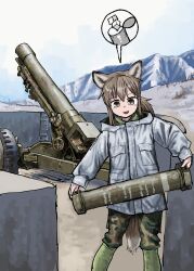 Rule 34 | 1girl, absurdres, animal ears, artillery, brown eyes, brown hair, fox ears, fox girl, fox girl (yihan1949), fox tail, highres, holding, holding weapon, military uniform, mountain, open mouth, original, ponytail, sky, solo, sugar cube, tail, uniform, weapon, winter clothes, yihan1949