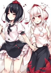 Rule 34 | 2girls, ^ ^, animal ears, bad id, bad twitter id, black hair, black skirt, blush, breasts, calligraphy brush, closed eyes, closed mouth, collared shirt, cowboy shot, english text, closed eyes, flying sweatdrops, frilled skirt, frills, holding hands, hat, highres, humming, inubashiri momiji, long skirt, long sleeves, looking at another, maremay0513, medium breasts, multiple girls, musical note, necktie, paintbrush, parted lips, pom pom (clothes), profanity, puffy short sleeves, puffy sleeves, red eyes, shameimaru aya, shirt, short hair, short sleeves, silver hair, skirt, sleeveless, sleeveless shirt, smile, tail, tokin hat, touhou, white shirt, wide sleeves, wolf ears, wolf tail