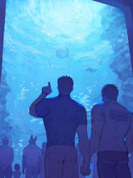 Rule 34 | 2boys, alternate costume, aquarium, ass, back, bad id, bad pixiv id, bara, black hair, brown hair, casual, chataro1412, contemporary, couple, crowd, fish, from behind, glasses, holding hands, interlocked fingers, male focus, protagonist 3 (housamo), multiple boys, muscular, muscular male, pants, pointing, pointing up, rimless eyewear, motoori shiro, short hair, short sleeves, thick eyebrows, thick thighs, thighs, tokyo houkago summoners, white pants, wolf boy, yaoi