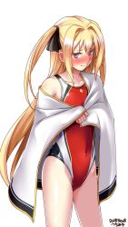 Rule 34 | 1girl, aburana (flower knight girl), artist name, blonde hair, blush, collarbone, competition swimsuit, dated, embarrassed, flat chest, flower knight girl, hair ribbon, highres, long hair, looking at viewer, one-piece swimsuit, purple eyes, red one-piece swimsuit, ribbon, simple background, solo, standing, swimsuit, tears, towel, tsuchimiya, two side up, white background