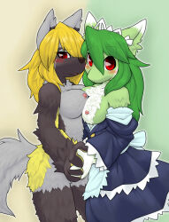 Rule 34 | 2girls, :3, animal ear fluff, animal ears, animal nose, apron, asymmetrical docking, bad id, bad pixiv id, bare shoulders, blonde hair, blue apron, blue dress, body fur, breast press, breasts, breasts out, brown fur, buttons, closed mouth, collarbone, colored eyelashes, cowboy shot, dress, female focus, fox ears, fox girl, fox tail, frilled dress, frilled sleeves, frills, furry, furry female, green background, green fur, green hair, grey fur, hair between eyes, hair over one eye, half-closed eyes, happy, highres, holding hands, interlocked fingers, kame (3t), long hair, long sleeves, looking at viewer, maid headdress, medium breasts, multicolored fur, multiple girls, nipples, off shoulder, one eye covered, open mouth, original, outline, red eyes, sidelocks, sideways mouth, simple background, smile, snout, standing, tail, thick eyebrows, thighs, two-tone background, two-tone fur, waist apron, white fur, white outline, yellow background, yellow fur, yuri